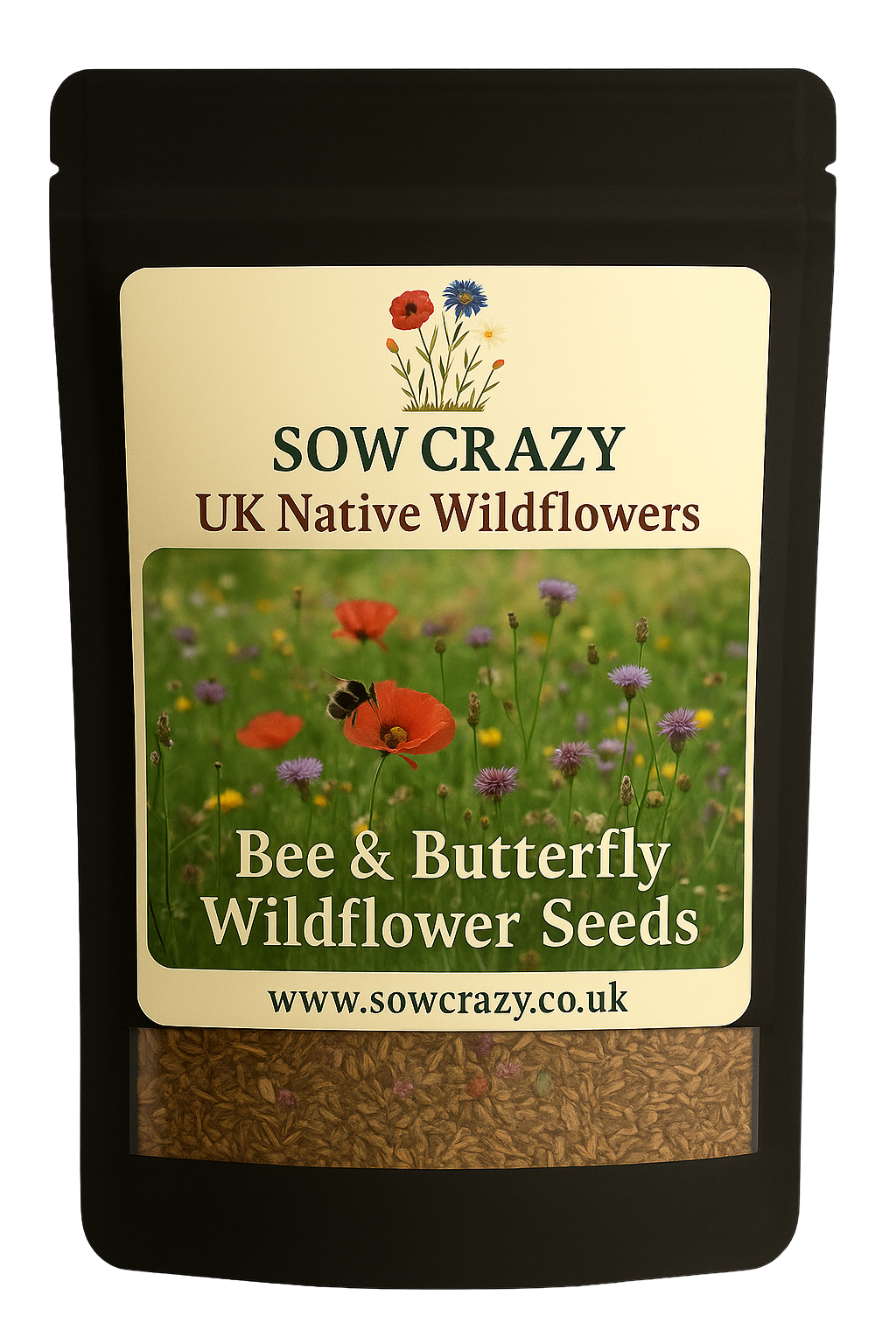 Front view of a packet of Sow Crazy's Bee 7 Butterfly wildflower seeds mix