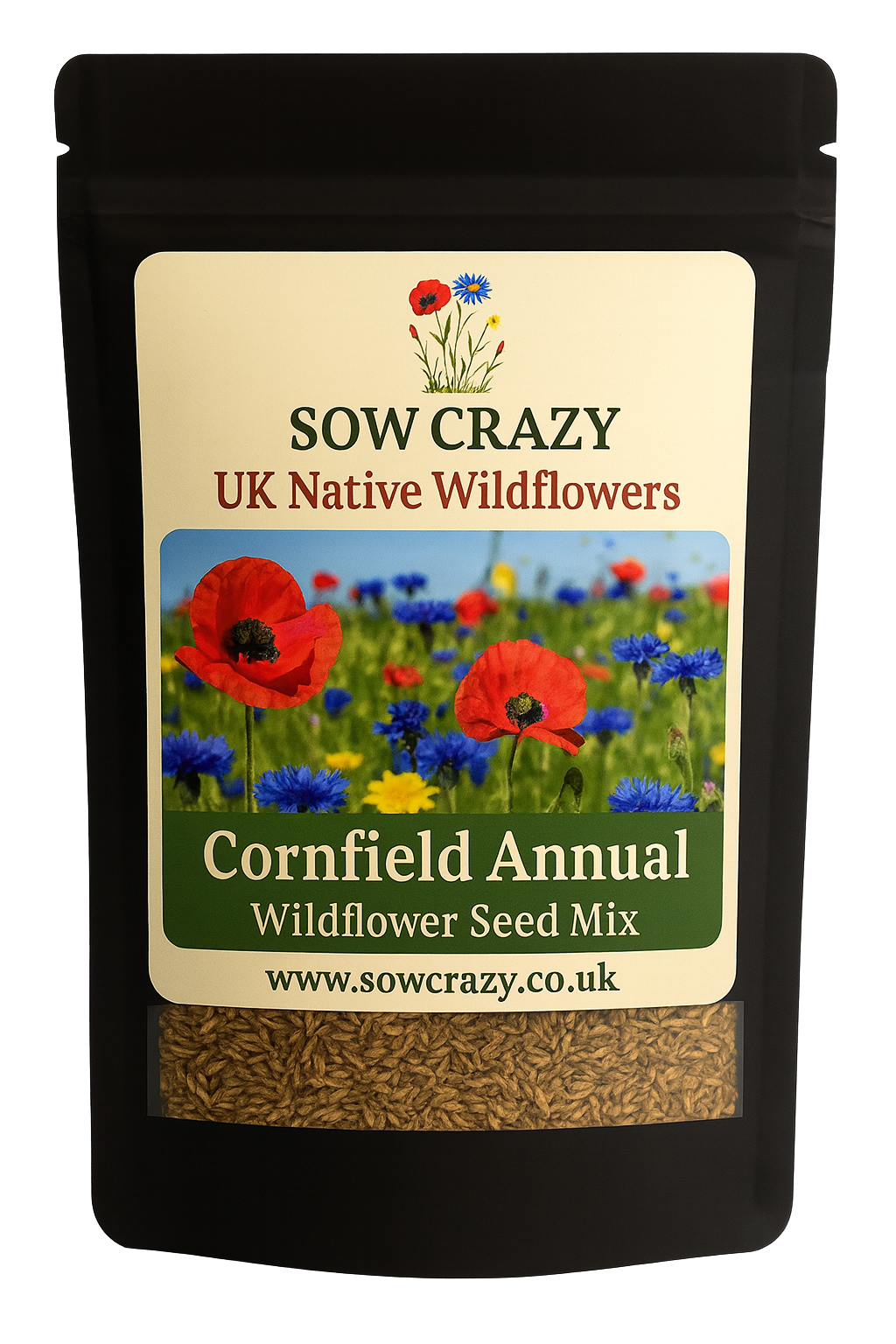 Sow Crazy's Cornfield Annual Wildflower seed mix packetfront.