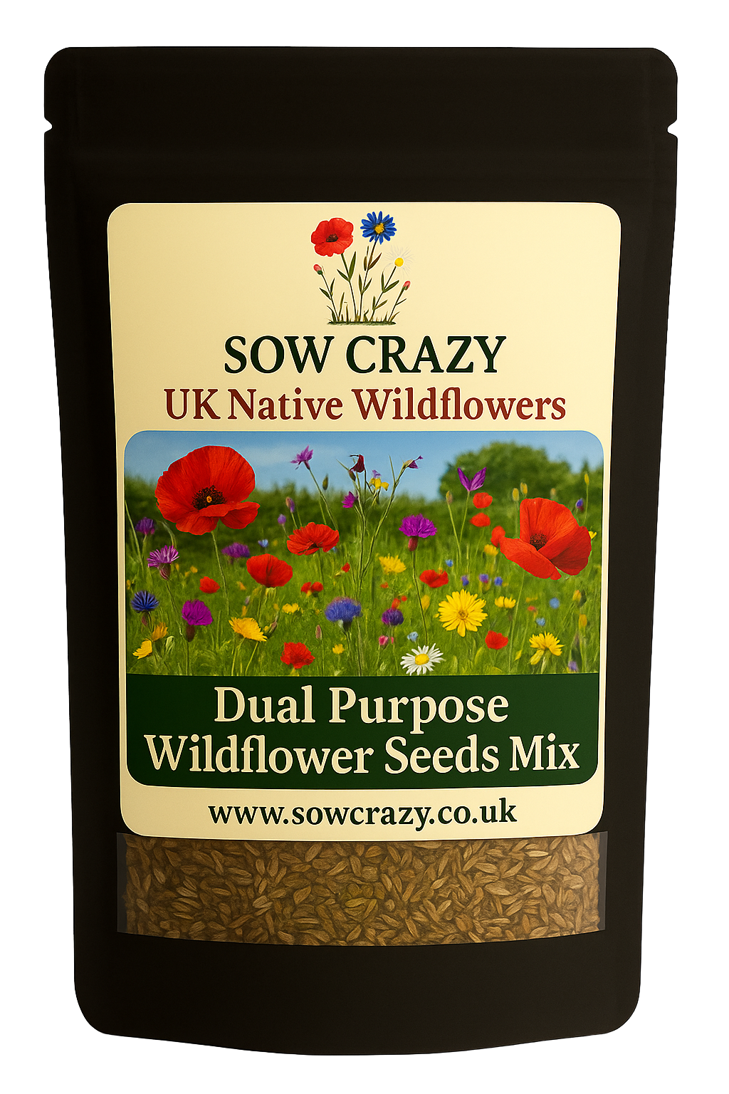 Black package of Sow Crazy Dual Purpose wildflower seeds mix