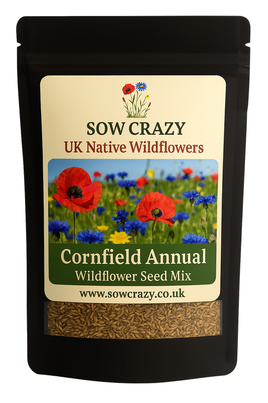 Sow Crazy's Cornfield Annual Wildflower seed mix packetfront.