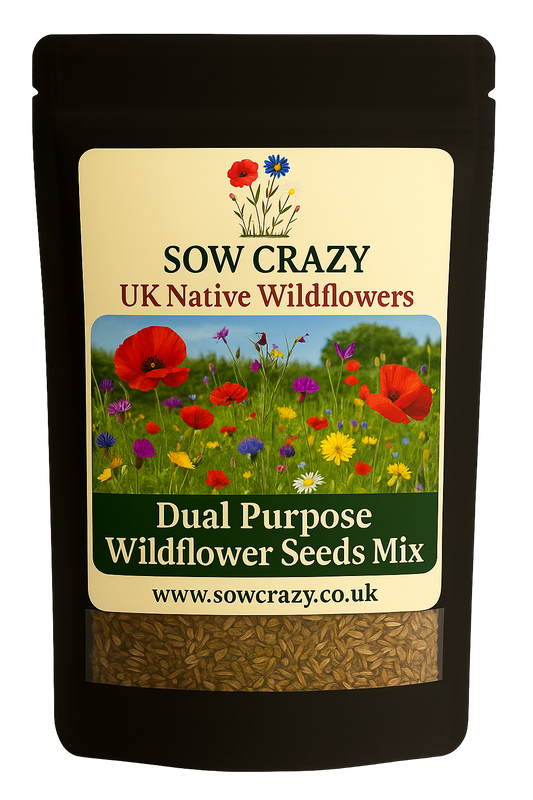 Black package of Sow Crazy Dual Purpose wildflower seeds mix